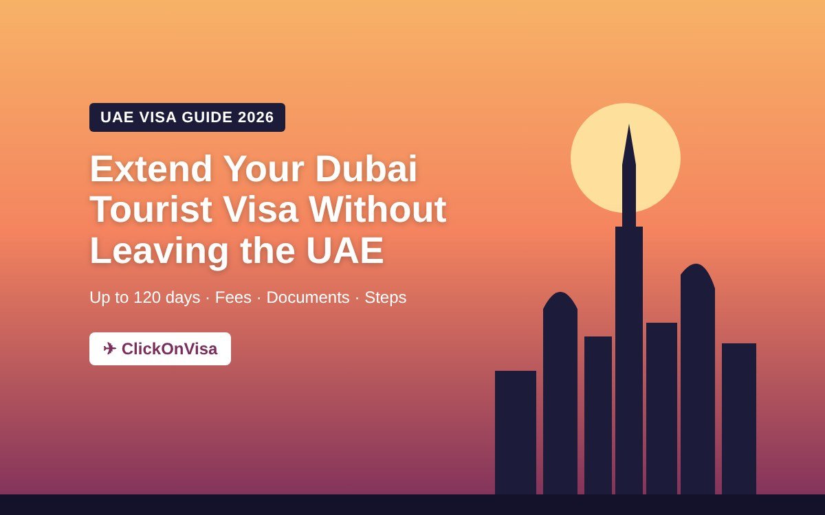 Dubai skyline at sunset with text: Extend your Dubai tourist visa without leaving the UAE