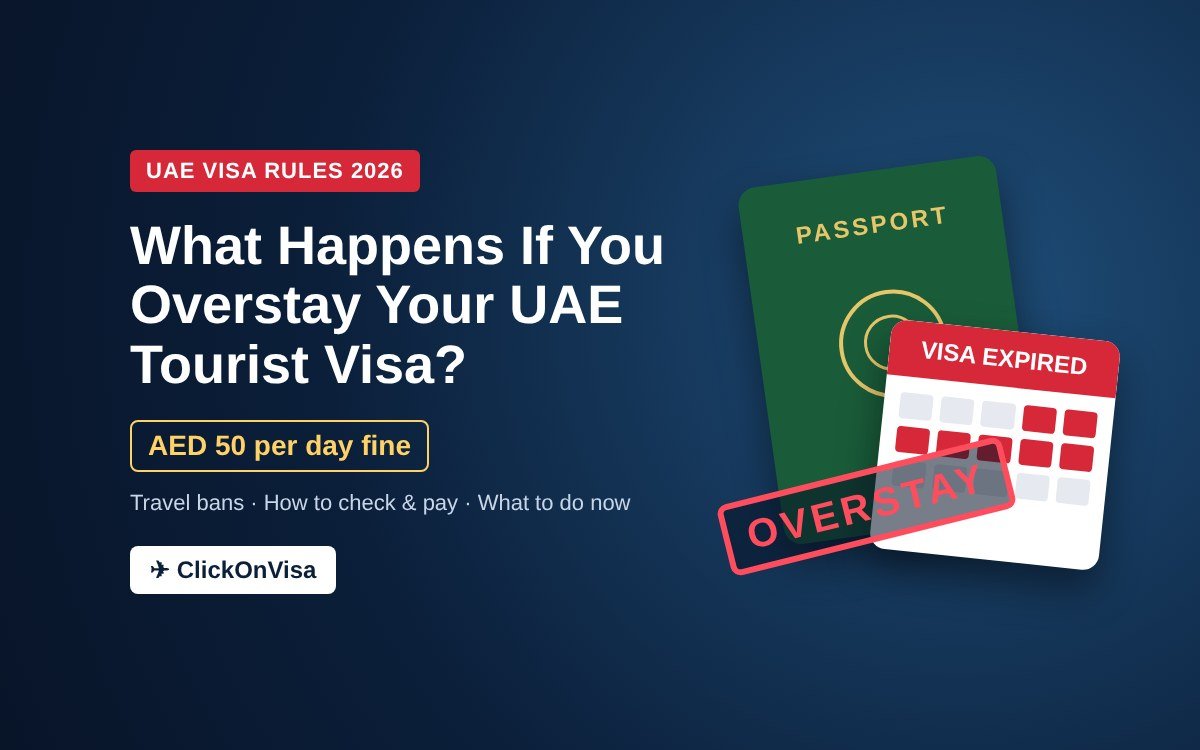 Passport and calendar with an OVERSTAY stamp: what happens if you overstay your UAE tourist visa